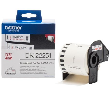 Brother Rolo de papel térmico com impressão a preto e vermelho (branca). Largura 62 mm. Comprimento 15,24m - DK22251