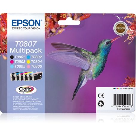 Epson Multipack de 6 cores T0807 Tinta Claria Photographic (c alarme RF+AM) - C13T08074021