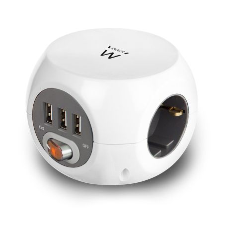 EWENT Tomada múltipla de 3 entradas Schuko + 3 x USB 2.4A, botão ligar desligar, cabo 1.5m, branca - EW3939