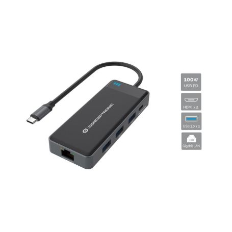 Conceptronic DONN 7-in-1 Docking Station USB 3.2 Gen 1, HDMI x 2, USB 3.0 x 3, GbE, 100W USB PD - DONN14G