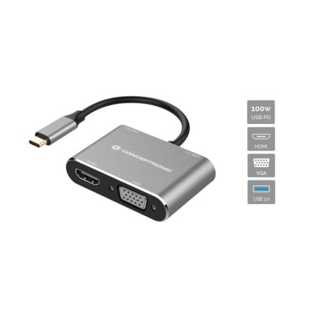 Conceptronic 4-in-1 USB 3.2 Gen 1 Docking Station, HDMI, VGA, USB-A, 100W USB PD - DONN16G