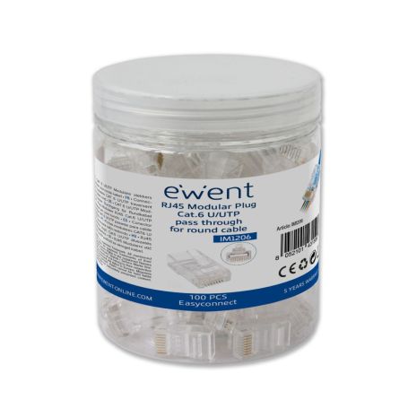 EWENT RJ45 plug, CAT 6 U UTP Easyconnect for AWG 23-26 cable, 15u gold plated contacts, jar 100pcs - IM1206