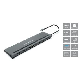 Conceptronic 12-in-1 USB 3.2 Gen 1 Docking Station, Triple 4K Display, 100W USB PD, HDMI x 2, DisplayPort, GbE LAN, USB-A 3.0x 2