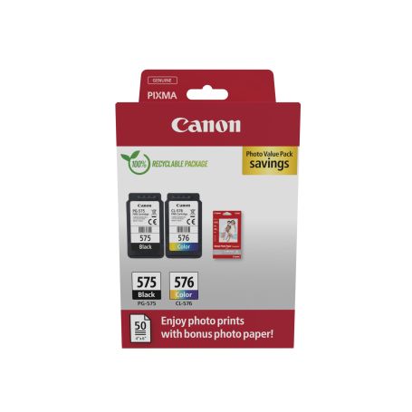 Canon PG-575 CL-576 PVP - 4x6 Photo Paper (GP-501 50sheets) + Black & Colour Cartridges  - 5438C004