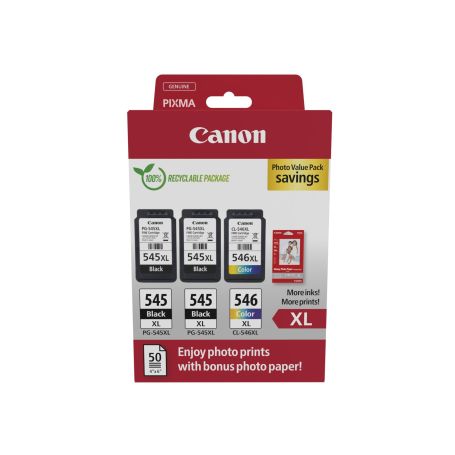 Canon PG-545XLx2 CL-546XL PVP - 4x6 Photo Paper (GP-501 50sheets) + XL Black x2 & XL Colour Cartridges  - 8286B015