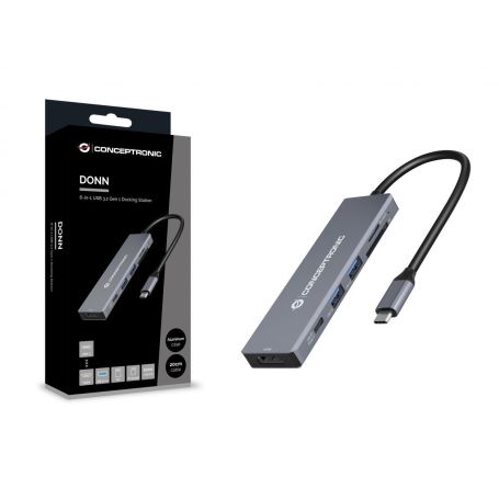 Conceptronic DONN23G 6-in-1 USB 3.2 Gen 1 Docking Station, USB 3.0 x 2, 100W USB PD, 4K 60Hz HDMI, SD, TF MicroSD  -