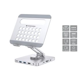 Conceptronic DONN26G Tablet Stand with 8-in-1 Docking Station, 360° Rotating Base, Foldable, Adjustable Height  -
