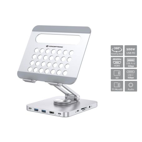 Conceptronic DONN26G Tablet Stand with 8-in-1 Docking Station, 360° Rotating Base, Foldable, Adjustable Height  -