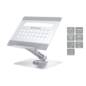 Conceptronic DONN27G Laptop Stand with 7-in-1 Docking Station, 360° Rotating Base, Foldable, Adjustable Height  -