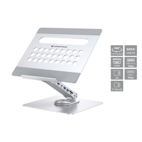 Conceptronic DONN27G Laptop Stand with 7-in-1 Docking Station, 360° Rotating Base, Foldable, Adjustable Height  -