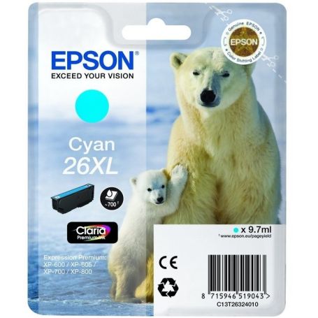 Epson Tinteiro Cyan Série 26XL Urso Polar Tinta Claria Premium (c/alarme RF+AM) - C13T26324022