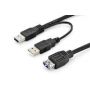 USB 3.0 Y-adapter cable, type 2xA - A M/M/F, 0.3m, Super Speed, gold, bl