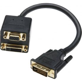 DVI Y-splitter cable, DVI(24+5) - DVI(24+5) + HD15 M/F, 0.2m, DVI-I Dual Link, passiv, gold, bl