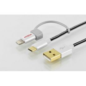 USB charger/data cable, USB A-Lightning+micro USB M/M/M, 1.0m, 2 in 1 cable, MFI, cotton, gold, si/bl