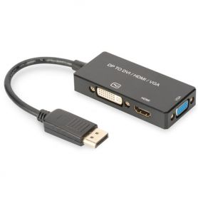 DisplayPort converter cable, DP - HDMI+DVI+VGA M-F/F/F, 0,2m, 3 in 1 Multi-Media cable, CE, bl, gold