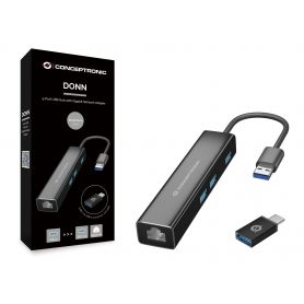 Conceptronic DONN 3-Port USB Hub with Gigabit Network Adapter incl. USB-C to USB-A Converter - DONN07BA