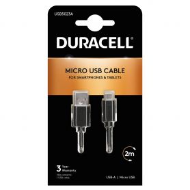 Cable USB Duracell 2m - 2m + Free 1m Micro-USB Cables - Black BUN0135A
